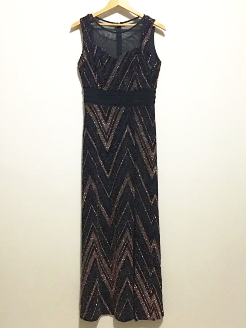 Slinky Sparkly Illusion Neck Side Slit Evening Maxi Dress - Size 8